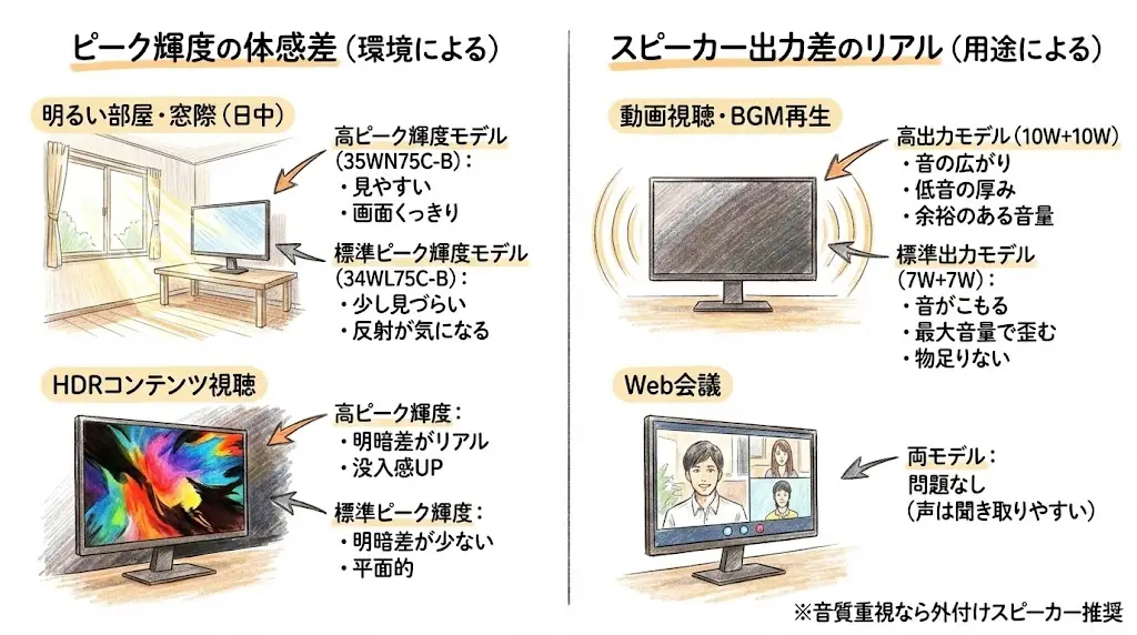 35WN75C-Bと34WL75C-B。実際の体感差はある?数値では分からないポイント