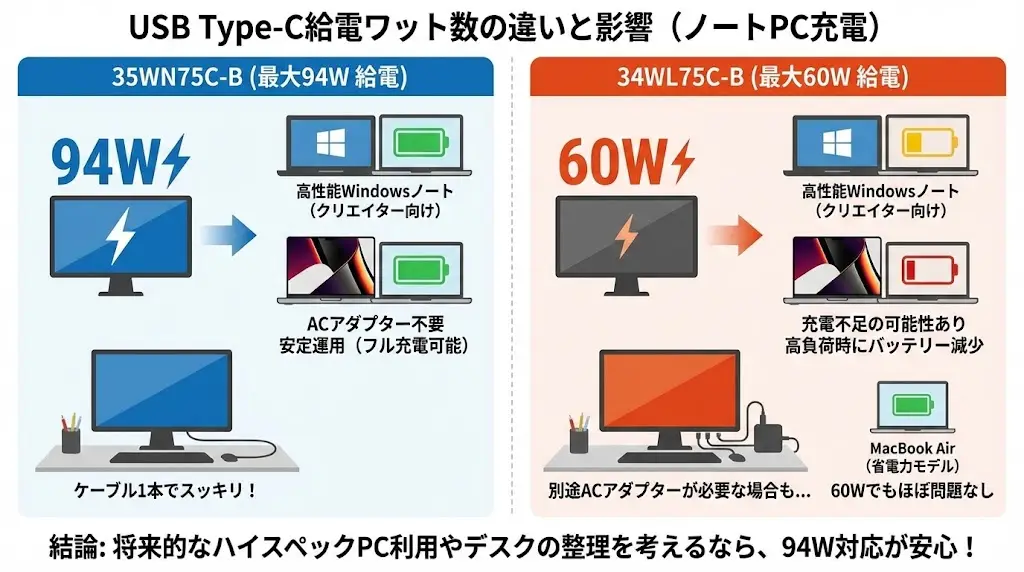 35WN75C-Bと34WL75C-B。USB Type-C給電は何W?ノートPCは充電できる?
