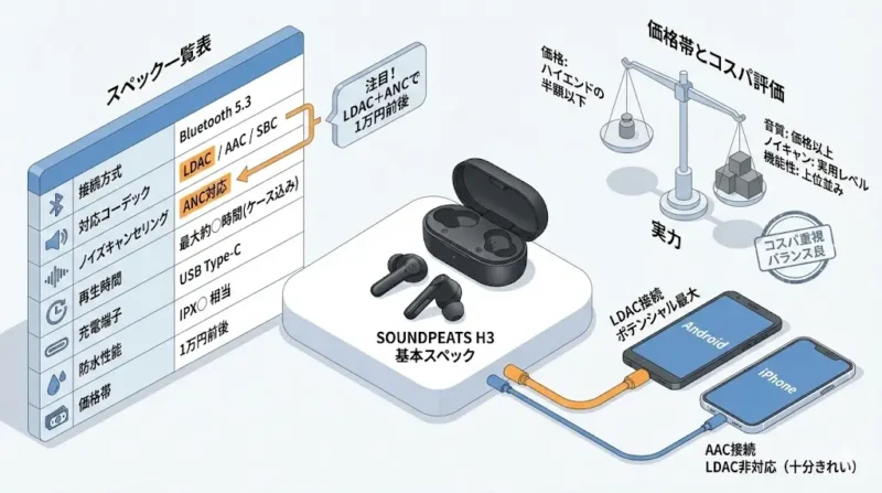 SOUNDPEATS H3の基本スペックSOUNDPEATS H3とAirPods Proを比較