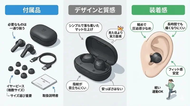 開封レビュー|付属品とデザインをチェックSOUNDPEATS H3とAirPods Proを比較