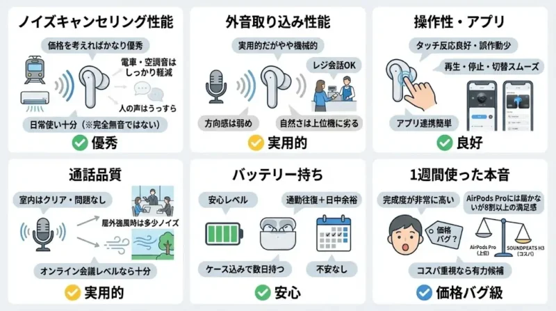 実際に使ってみた感想SOUNDPEATS H3とAirPods Proを比較