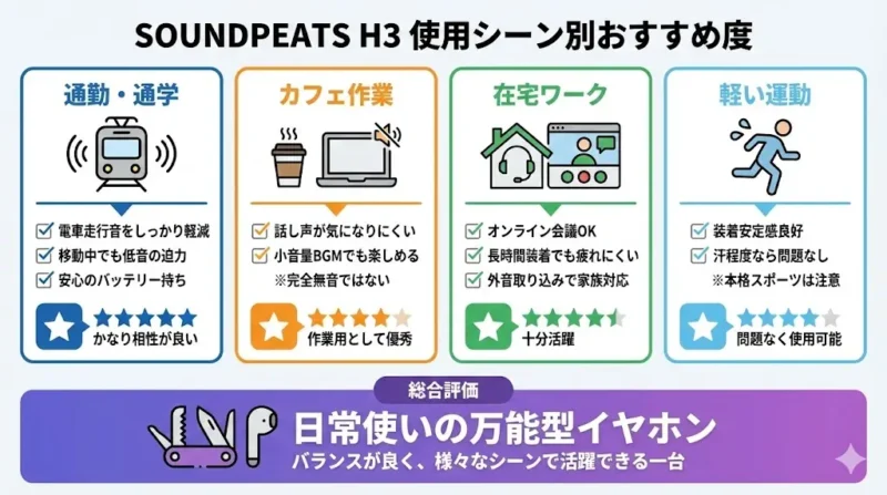 使用シーン別おすすめ度SOUNDPEATS H3とAirPods Proを比較