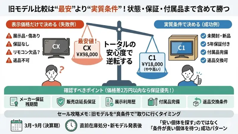 旧モデル比較は“最安”より“実質条件”!状態・保証・付属品まで含めて勝つ