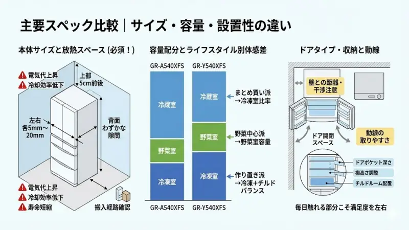 500Lクラスは大型家電です。スペックを正しく理解しないと、設置トラブルや容量不足で後悔する可能性があります。