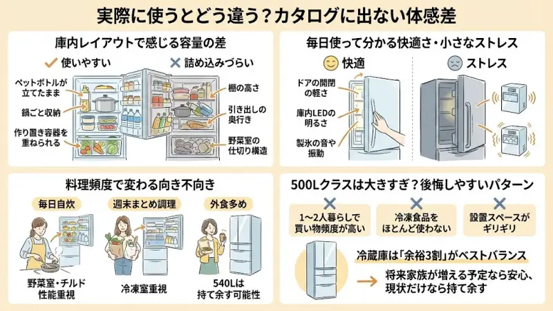 次のような家庭は、500Lクラスがオーバースペックになることがあります。
1〜2人暮らしで買い物頻度が高い
冷凍食品をほとんど使わない
設置スペースがギリギリ