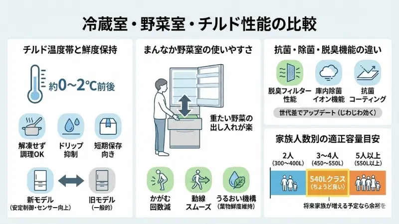 一般的にチルド室は約0〜2℃前後の温度帯で管理されます。
解凍せずにそのまま調理しやすい
冷凍よりもドリップが出にくい
短期保存向き