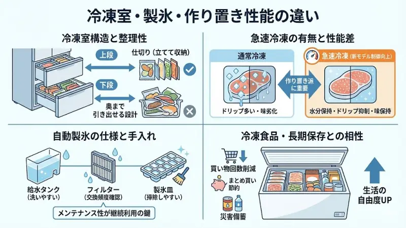近年は「冷凍室重視」で冷蔵庫を選ぶ家庭が増えています。
まとめ買い・作り置き・冷凍食品の活用が多いなら、冷凍性能の違いは非常に重要です。