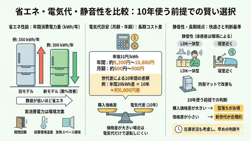 冷蔵庫は24時間365日動き続ける家電です。
10年単位で見ると、電気代の差は無視できません。