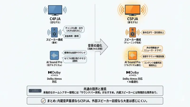 テレビは「映像」が注目されがちですが、実際の満足度を左右するのは音質です。C5PJAとC4PJAはどちらもDolby Atmosに対応していますが、AI音声処理とチューニングに違いがあります。