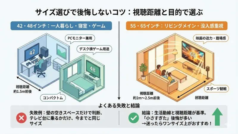 テレビ選びで意外と多い後悔が、「サイズを小さくしすぎた」という声です。