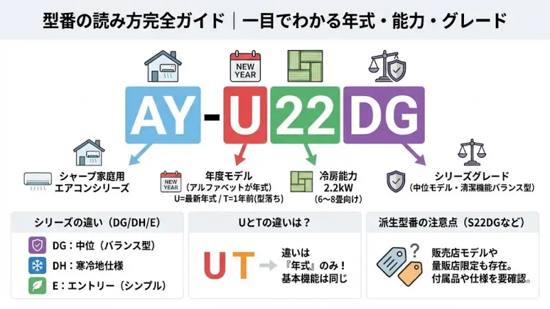 「AY-U22DG」を分解します。

AY：シャープの家庭用エアコンシリーズ
U：年度モデル（アルファベットが年式）
22：冷房能力2.2kW（6〜8畳向け）
DG：シリーズグレード