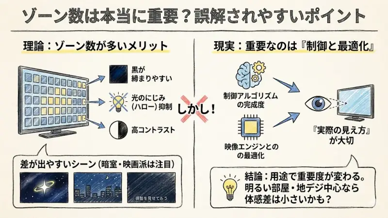 MiniLEDテレビを比較するとき、よく注目されるのが「ゾーン数」です。
確かにゾーン数が多いほど、バックライトを細かく制御できるため、