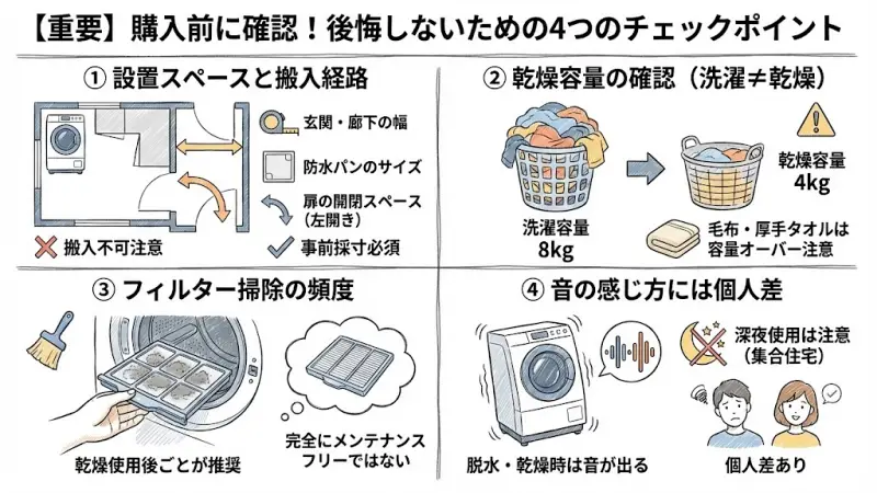 ドラム式洗濯乾燥機は高額な家電です。購入後に「しまった…」とならないためのチェックポイントをまとめました。