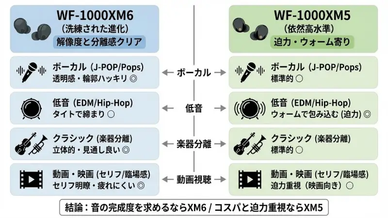 「ノイキャンは分かったけど、音質は本当に違うの？」という疑問は非常に多いです。 結論から言うと、XM6は“解像度と分離感”が一段階クリアになっています。 ただし、劇的なキャラクター変更というより“洗練された進化”です。