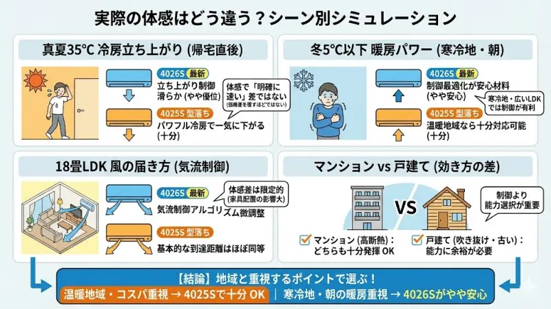 両モデルともパワフル冷房で一気に室温を下げられますが、 立ち上がり制御の滑らかさは4026Sがやや優位です。