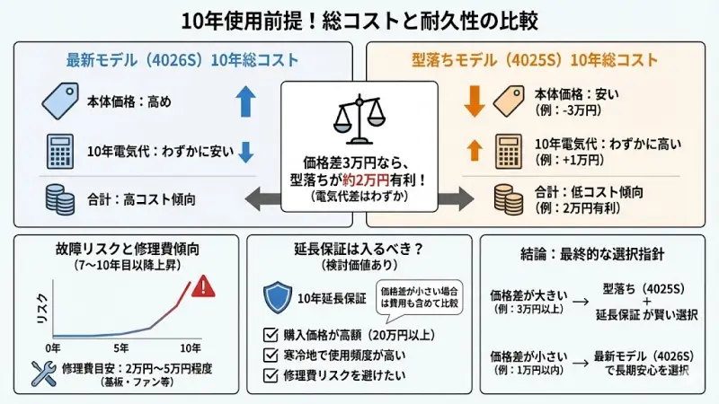 エアコンは短期使用ではなく、10年以上使う前提で考える家電です。 だからこそ、「本体価格+電気代+故障リスク」まで含めて判断する必要があります。
