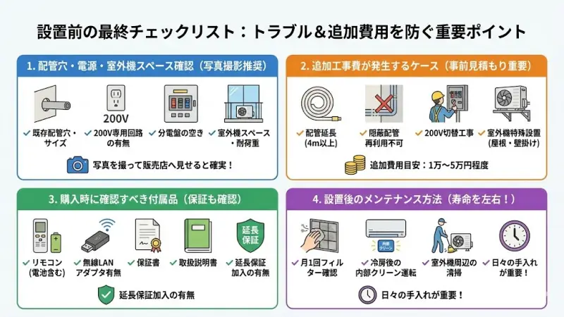 エアコン購入で後悔する人の多くは、設置確認不足が原因です。 購入前に以下を必ずチェックしましょう。