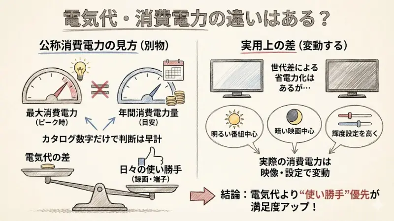 有機ELテレビを検討する際、「電気代はどれくらい違うの？」と気になる方も多いでしょう。

公称消費電力はモデルごとに数値が示されていますが、ここで重要なのは“最大消費電力”と“年間消費電力量”は別物という点です。