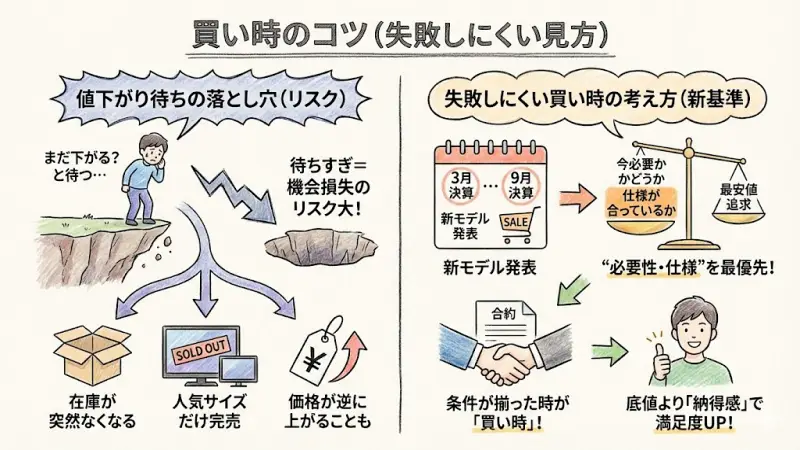「もう少し待てば安くなるかも」と考えるのは自然ですが、型落ちモデルは“待ちすぎ”がリスクになることがあります。

在庫が突然なくなる
人気サイズだけ先に完売する
価格が逆に上がるケースもある