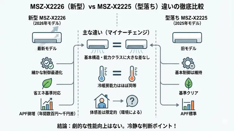 一般的に三菱のルームエアコンは、毎年10〜12月頃に次年度モデルが発表されます。

X2225：2025年モデル
X2226：2026年モデル