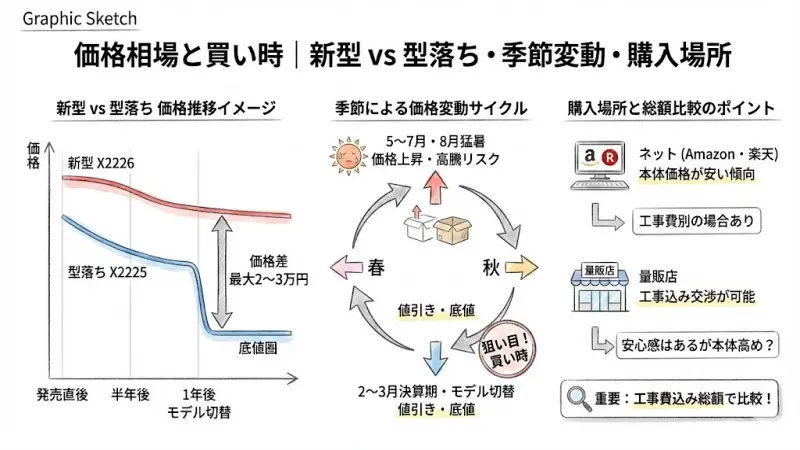 新型X2226と型落ちX2225の価格傾向を整理します。
