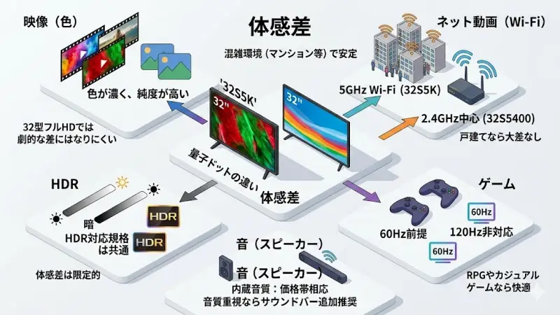32S5Kは量子ドット技術を採用しており、色域が広く、赤や緑の発色がより鮮やかになります。