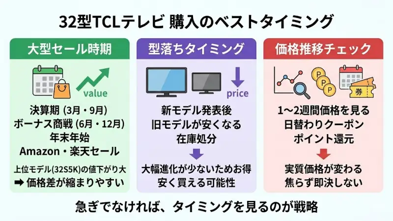 32S5K・32S5400のどちらを選ぶ場合でも、購入タイミング次第で満足度は大きく変わります。