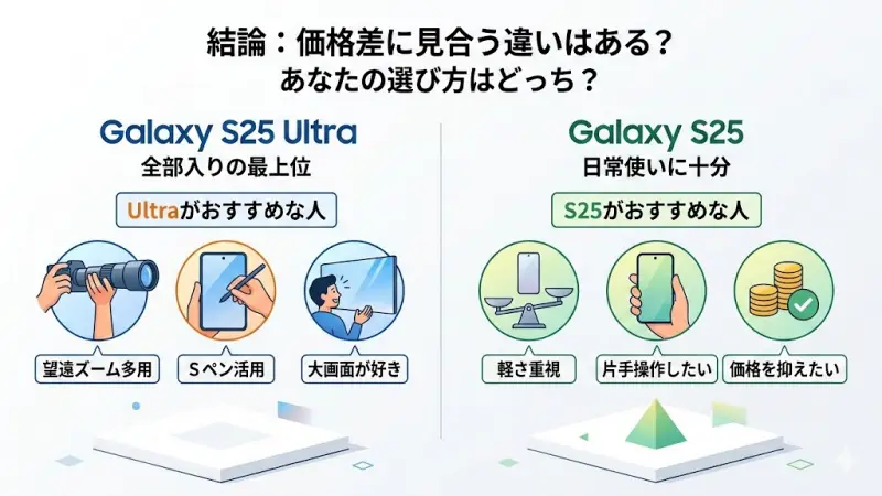 Ultraがおすすめな人:望遠ズームを多用する/Sペンを活用したい/大画面が好き
S25がおすすめな人:軽さ重視/片手操作したい/価格を抑えたい