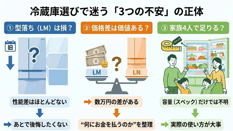 冷蔵庫選びで型落ちか新モデルか迷い不安を感じている人のイラスト