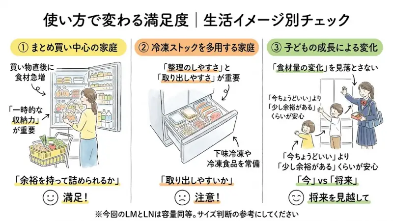 4人家族の生活シーンで冷蔵庫を活用するリアルなイメージ画像