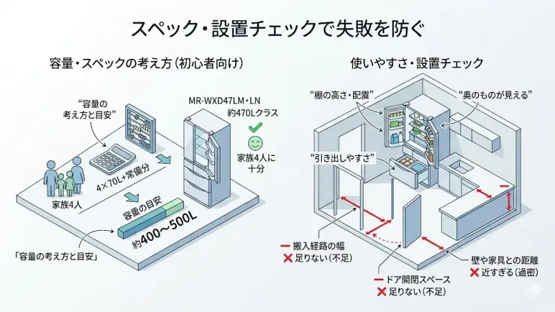 初心者向けに冷蔵庫の容量やサイズの選び方を解説するイメージ画像