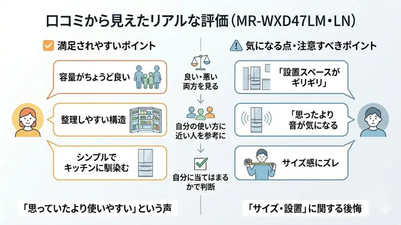 MR-WXD47シリーズの利用者による良い口コミと注意点のまとめイメージ