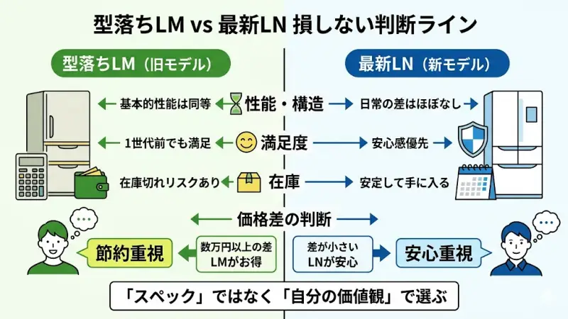 型落ちモデルMR-WXD47LMを選ぶメリットと価格差の判断基準を示す画像