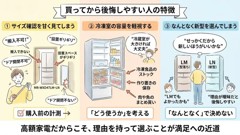 冷蔵庫購入後にサイズや容量で後悔しやすい人の特徴をまとめたイラスト