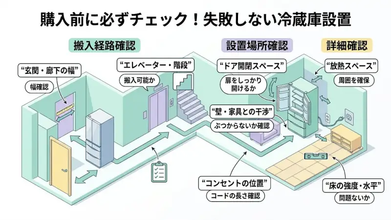 冷蔵庫の搬入経路やドアの開閉スペースを確認するチェックポイントの画像