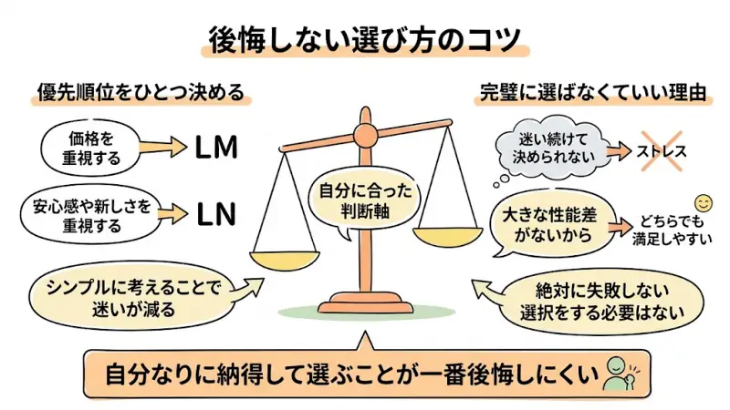 後悔しない冷蔵庫選びのために優先順位を決めるコツを示したイメージ図