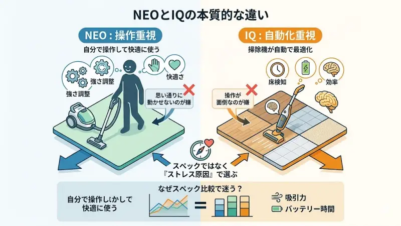 操作重視のNEOと自動化重視のIQ、それぞれのコンセプトの違いを対比させたイメージ画像