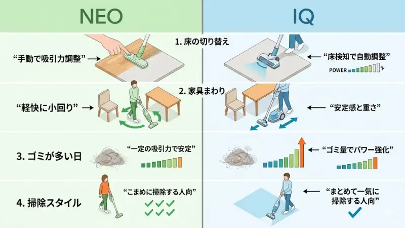 フローリング、カーペット、家具まわりでのShark NEOとIQの使用感・挙動の違いを比較したイラスト