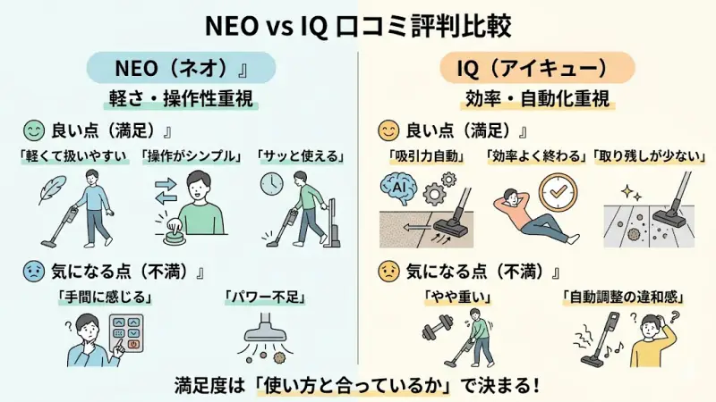 Shark NEOとIQのユーザーから寄せられた、良い評価と気になる不満点のまとめグラフィック