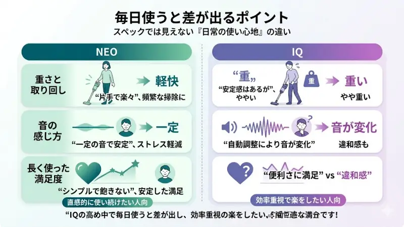 毎日の掃除で実感する、Shark NEOとIQの重さ・取り回し・動作音の違いを解説した比較表