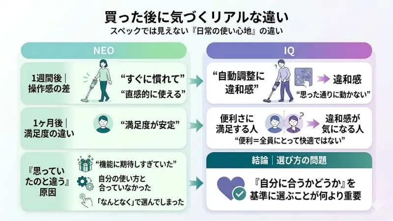 1週間、1ヶ月と使い続けた際に感じる、Shark NEOとIQの操作感の変化と満足度の推移