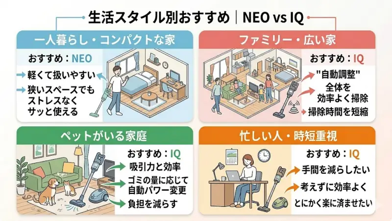 一人暮らし、広めの家、ペットの有無など生活環境に合わせたShark掃除機の最適モデル対応表
