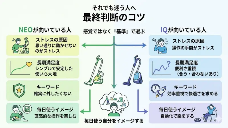 ストレスを感じるポイントから逆算する、Shark NEOとIQの最終的な決め手と判断基準のまとめ