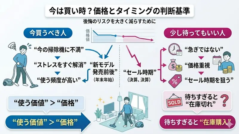 Sharkコードレス掃除機の価格動向やセール時期、購入すべきタイミングの目安を示した図解