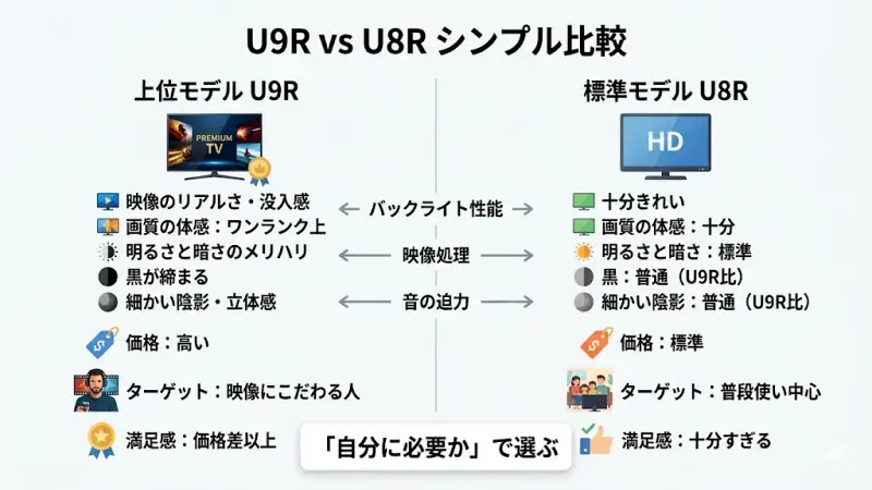 U9RとU8Rの主な違いを解説するイメージ図。ハイエンドモデルならではの映像のリアルさと没入感の差を視覚化。
