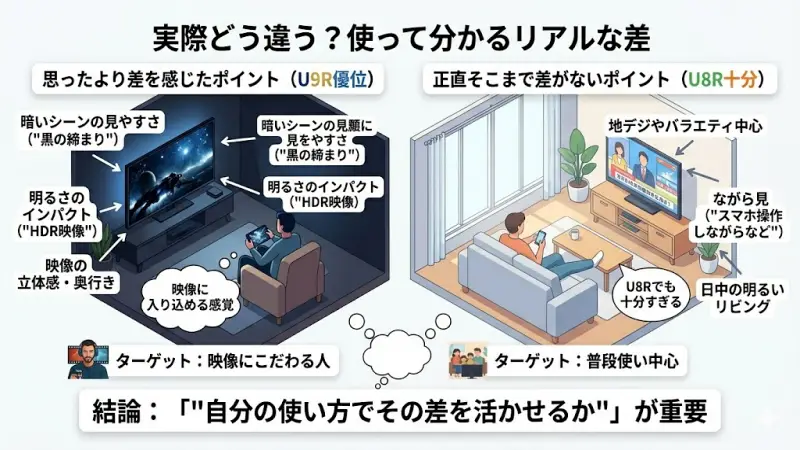 U9RとU8Rの画質比較。暗いシーンでの黒の締まりやHDRによる明るさのピーク感、立体感の体感差を比較。