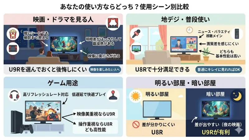 視聴シーン別のU9R・U8R適合表。映画鑑賞はU9R、ニュースやバラエティはU8R、ゲームは用途により選択。
