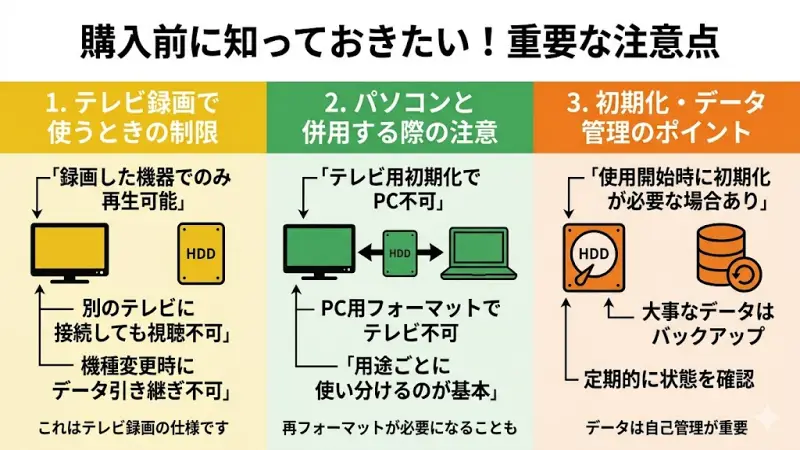 テレビ録画用HDDの初期化制限とPC併用時の互換性に関する注意喚起の図解