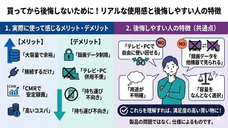 外付けHDD導入後のメリット・デメリットと、よくある後悔パターンをまとめたリスト画像