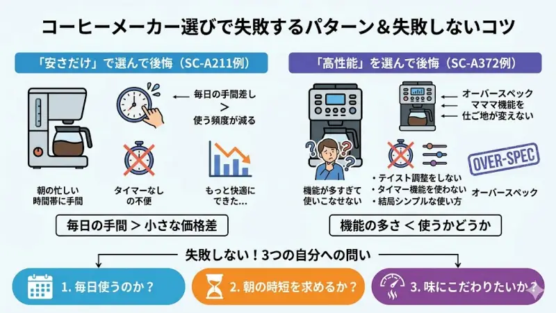 安さだけで選んでタイマーがない不便さを感じる人と、高機能すぎて使いこなせない人の失敗パターン図解。